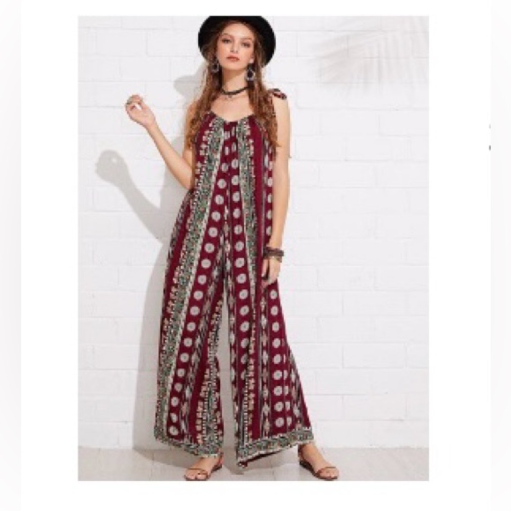 SHEIN Knot Shoulder Geo Print Jumpsuit